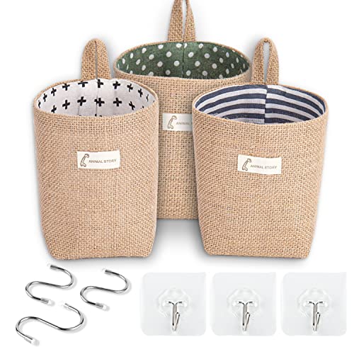 BYETIVE 3 Stück Aufbewahrungstasche zum Aufhängen, Hängend lagerung Tasche aus Baumwoll-Leinen faltbar kleine Körbe mit Griff und Haken für Spielzeug Make-up Schlüssel (14 * 13 cm) Cover