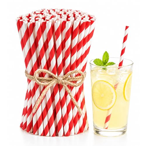 Red and White Striped Paper Straws 100 Count Disposable Drinking Straws 7.75 x 0.25 Inch for Valentines Day Christmas Birthday Wedding Baby Shower Party Drinks and Crafts