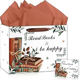 'Read Books & be happy' Gift Bag with Tissue Paper (11.8'x9.4'x5.3'), Watercolor Vintage Book Lovers Favor Bag with Ribbon Slot Handles, Aesthetic Teacher Appreciation Librarian Bookish Gift Wrap