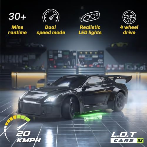 Image of L.O.T TOYS Flare Premium RC Drift Car | 4WD 20Kmph with Boost Mode, 2.4Ghz Long Range Remote, Hard Shell Body, LED Headlights, Race-Ready Build (Race Black)