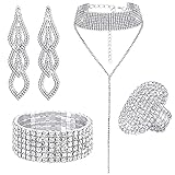 Fumete 4 Pcs Rhinestone Jewelry Set Bling Diamond Choker Necklace Bracelet Ring Earrings Set for Women Party Costume Jewelry
