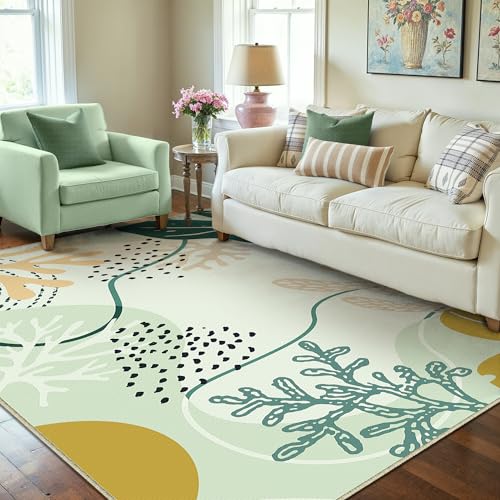 PureCozy 4x6 Green Washable Area Rugs for Living Room Small Non Slip Indoor Cute Soft Throw Low Pile Kids Nursery Rug Thin Coral Print Carpet for Office College Dorm Laundry Dining Room Bedroom