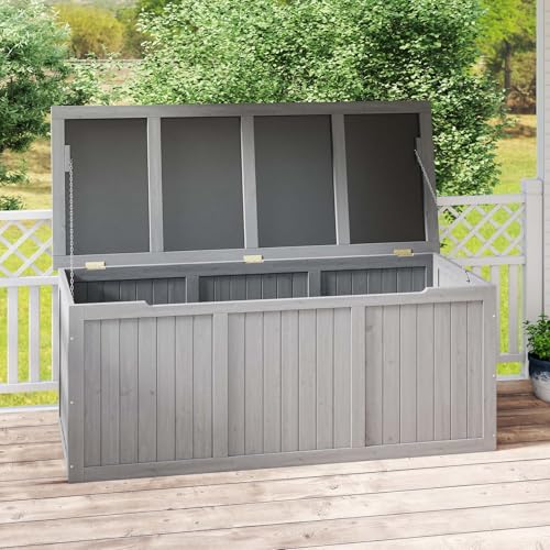 112 Gallon Wooden Deck Box, Backyard Storage Bin Container for Patio Furniture Cushions, Pillows, Garden Tools, Pool Accessories, Wooden Porch Bench, Indoor Outdoor Storage Box (Grey, 112 Gallon)