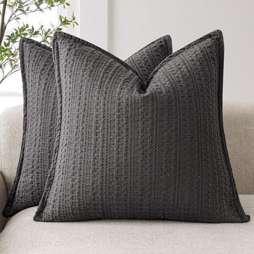 Image of Foindtower Set of 2 Decorative Cotton Waffle Weave Throw Pillow Covers Euro Shams Cushion Covers Accent European Pillowcase for Bed Couch Sofa Bedroom Living Room Home Decor 22x22 Inch Dark Grey