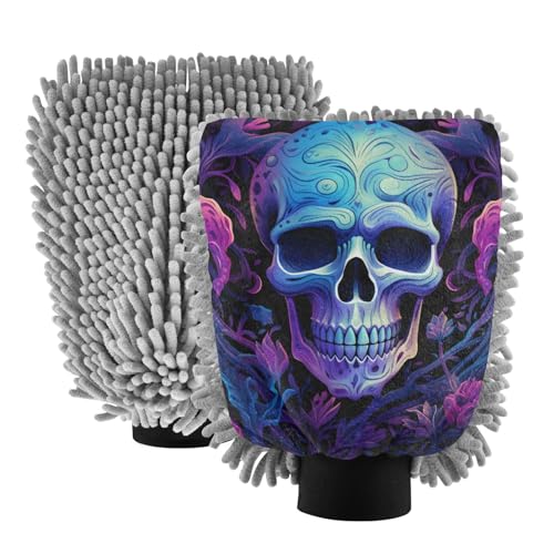 IOACIY Absorbent Microfiber Car Wash Drying Mitts, 2 Pack, Scratch-Free & Lint-Free, Rich Foam, Highly Absorbent, Double Sided, Wash Mitt Perfect for Car Washing, L, Cute Skull (8)