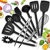 Modrad Silikon Küchenhelfer Set 10pcs Kochset Silikon Küchenbesteck Set Hitzebeständige Küche Antihaft Kochgeschirr Schwarz mit Pfannenwender Kochlöffel Spatel Schöpflöffel Schaumlöffel