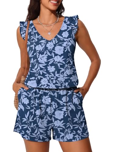 Summer Mae Ruffle Swim Romper One Piece Swimsuit Women Modest High-Back Bathing Suit with Pockets 2026 Swimwear Blue Branches Flowers 12