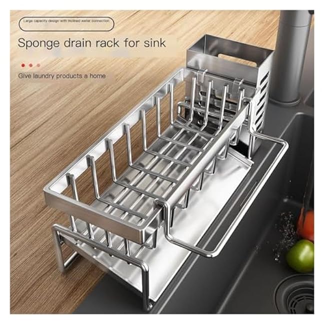 Kitchen Sink Drying Rack with Detachable Towel Holder, Self-Draining Tray, and Utensil Organizer, Rust-Resistant Carbon Steel for Sponge, Soap, and Dish Storage (Fits Most Kitchen & Bathroom Sinks)