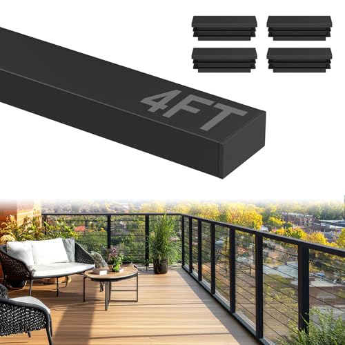 Image of 4 FT Handrail with Nylon End Caps for Stair & Deck Cable Railing System | 4' Rectangular Deck Cable Railing Handrail, Indoor Outdoor Black Stainless Steel Handrail for Stair Deck Cable Railing System