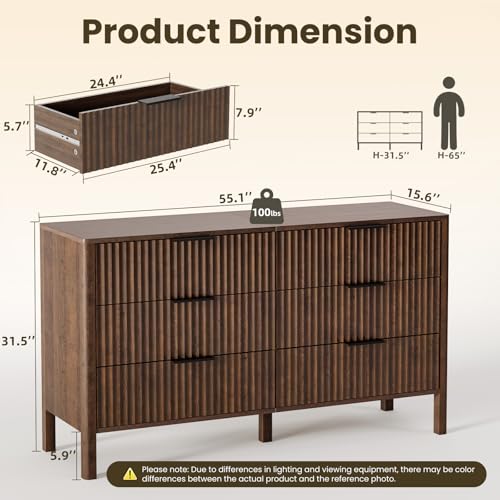 Image of 55 Inch Wide Fluted 6 Drawer Dresser for Bedroom, Wooden Dresser Modern Chest of Drawers TV Stand Dressers with Organizer Storage for Bedroom, Living Room, Entryway, Walnut