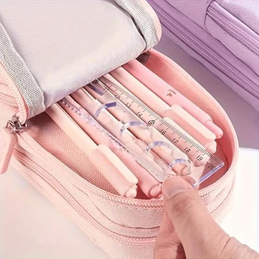 Image of Invite Enterprise Three Layer School Bag-Shaped Pencil Pouch, Large-Capacity Pencil Pouch with Zipper, Multipurpose Pen & Pencil Case for School Supplies for Boys & Girls (Pink - Happy TIME)