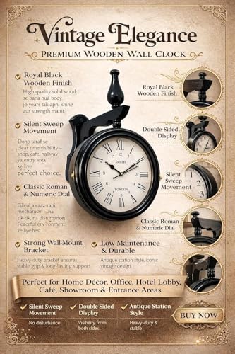 Image of Vintage Double-Sided Wall Clock, Antique Victorian Hanging Clock with Bracket, Silent Quartz Movement, Roman Numerals, Rustic Farmhouse Decor for Home & Office (Black)