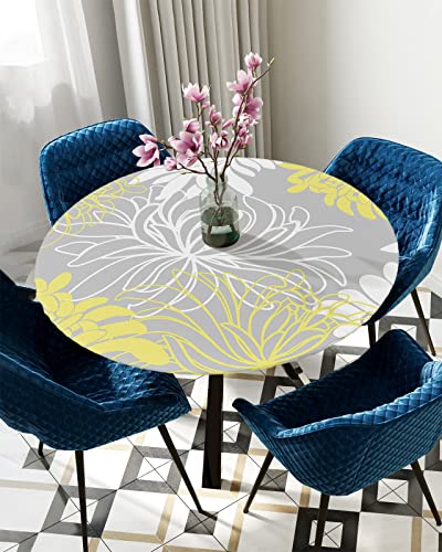Axmsyun Round Table Cover Elastic Tablecloth Flower Themed Sumer Fitted Table Cover Waterproof Wipeable Table Cover Yellow Gray White Oil-Proof Tablecloth 55"- 60" Diameter Round Tables #TOP4
