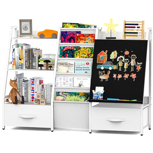Image of XINTUO Kids Bookshelf Toys Storage Organizer 4 Tier Bookshelf for Kids Book Shelf for Kids Room with Drawing Board Nursery Book Shelves for Toddler, White