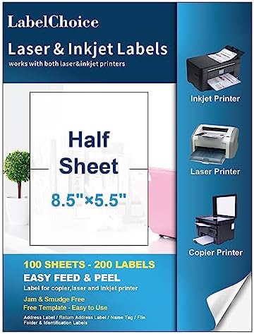 Labelchoice 100 Sheets 200 Labels Half Sheet Self Adhesive Shipping Labels for Laser & Inkjet Printers, 8.5" x 5.5" Shipping Mailing Labels, 2 per Page Shipping Labels, 5 1/2 x 8 1/2 Half Sheet Labels