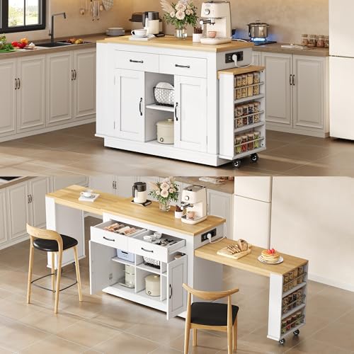 Yihomfy Ilot Central Cuisine avec 2 Plans de Travail Extensibles, Desserte de Cuisine Roulante, Prises 2xUSB, Étagères Réglables, pour Cuisine, Salle à...