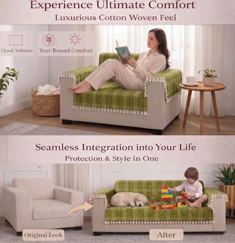 Image of STITCHNEST 'Artisoul Series' Chenille Sofa Cover 3 Seater with 2 Hand Rest Covers | Premium Heavy Fabric, Washable & Fade Resistant | Green Sofa Protector with Tassels | Size 70x30 Inch