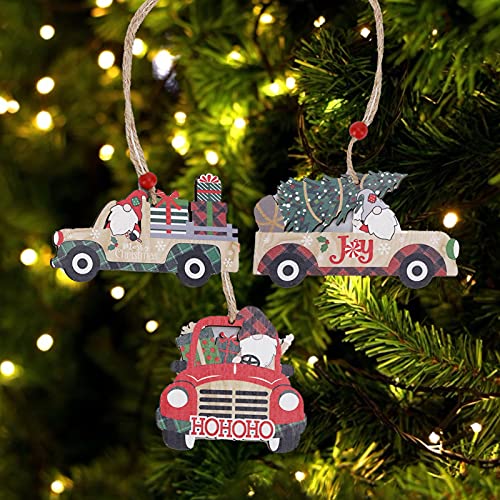 Enfeite de árvore de Natal Sunicon, 3 peças de enfeites de caminhão de Natal de madeira, artesanato