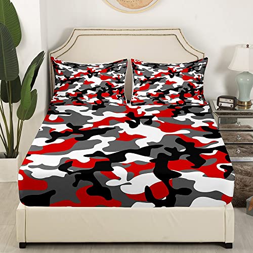 Camo Fitted Sheet For Kids Boys Camouflage Bedding Sets Full Size, Abstract Colorful Bed Sheets Red Black Military Bedding Decor Set For Teens Youth Adult Men Bedroom Living Room Decor, Grey White #TOP2