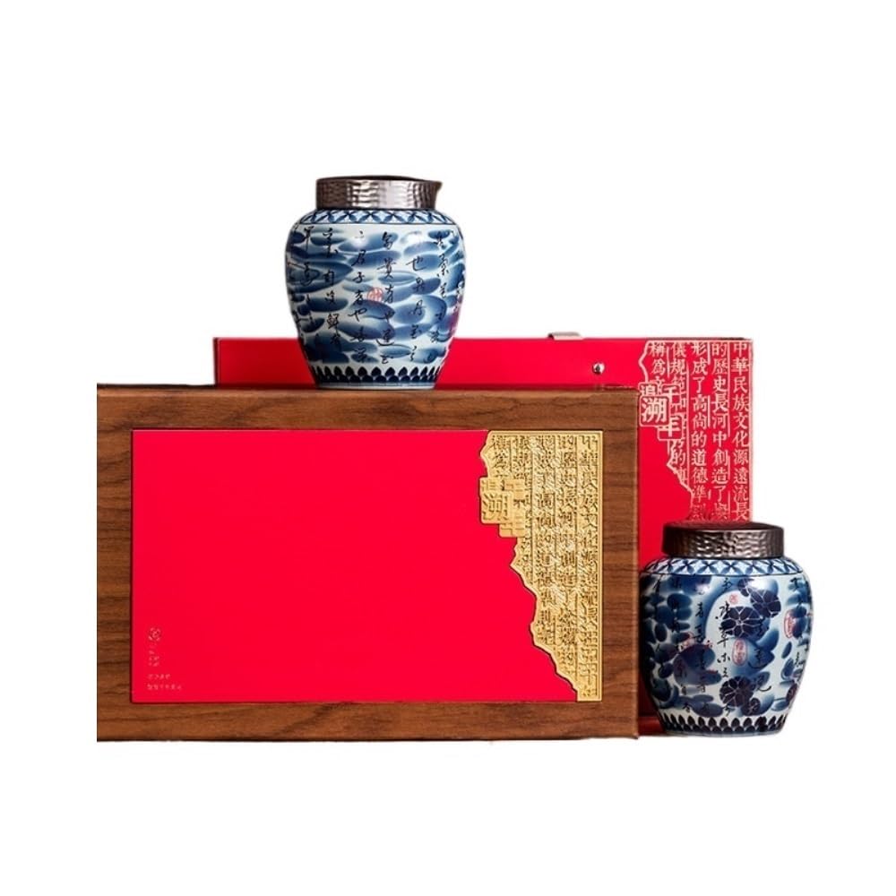 Tea Coffee Sugar Canisters Vintage Chinesische lose Tee Vorratsbehälter Topf Home Küche Keramik Siegelglas Teeservice Doppeltopf Geschenkbox Set Küchendosen (A)