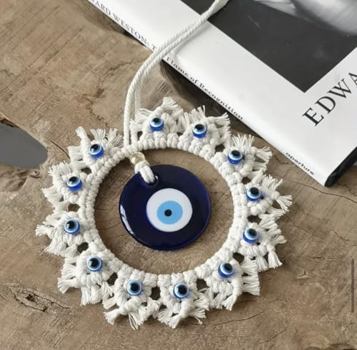 Image of White Macrame Evil Eye Wall Hanging for Home Decor & Nazar Protection | Big Turkish Evil Eye for Main Door Entrance | Handmade Boho Wall Hanging | Aesthetic Diwali & Housewarming Gift