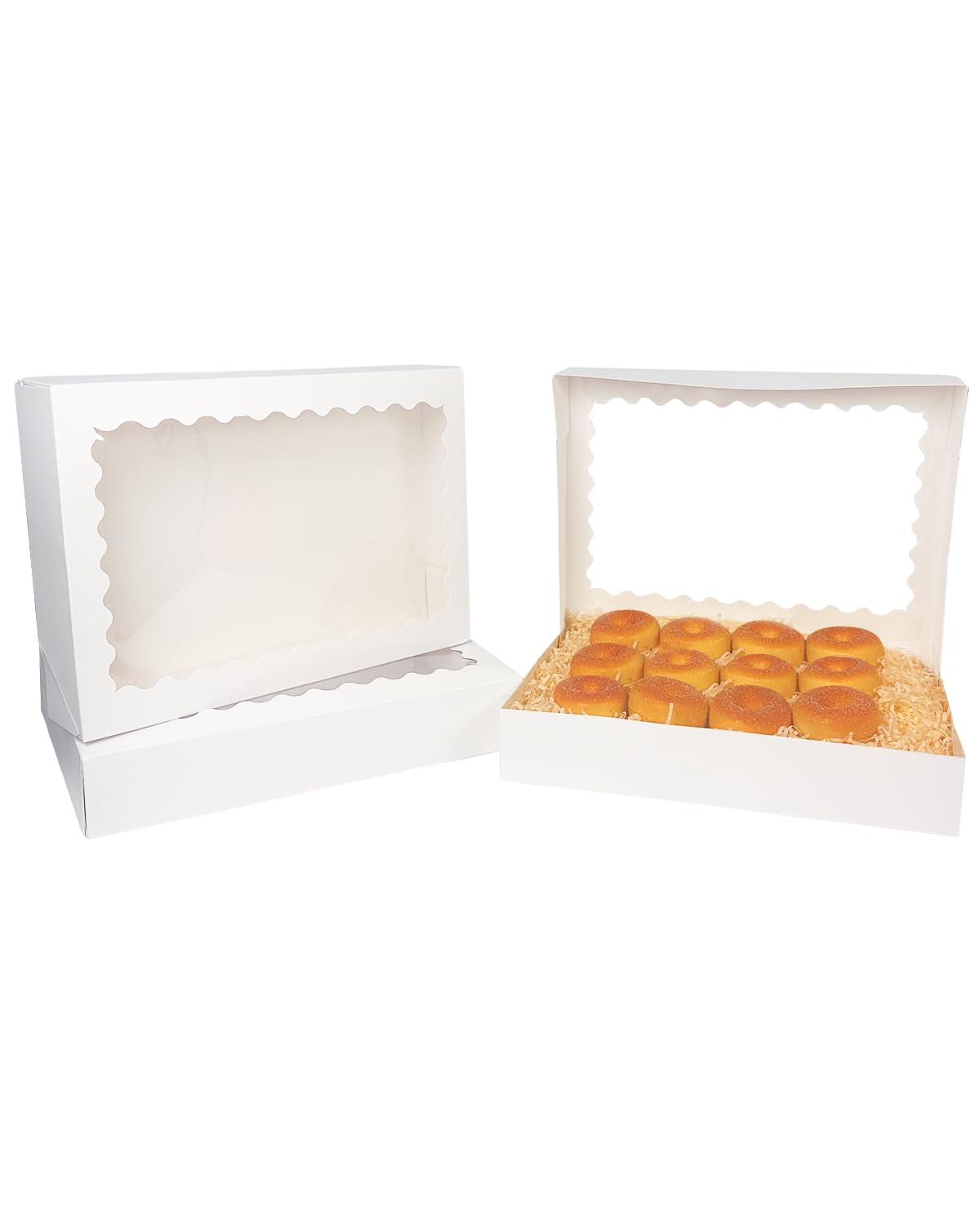 qiqee Caja de galletas blanca con ventana de 16 x 10.5 x 2.5 pulgadas, 32 unidades, para panadería, pastelería, macarrón, para embalaje