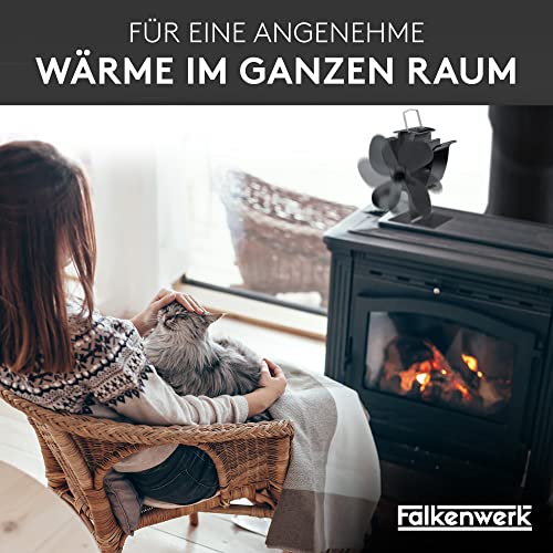 FALKENWERK Ofenventilator ohne Strom inkl. Kaminthermometer & Ofenhandschuh - Leiser Kaminventilator - Wärmebetriebener Ventilator für Kaminofen - Ofen Ventilator zur Wärmeverteilung