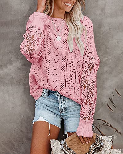 Btfbm Women Long Sleeve Hollow Out Sweater Casual Cute Crochet Lace Pointelle Knit Pullover Crew Neck Loose Blouses (Lace Pink, Large) #TOP2