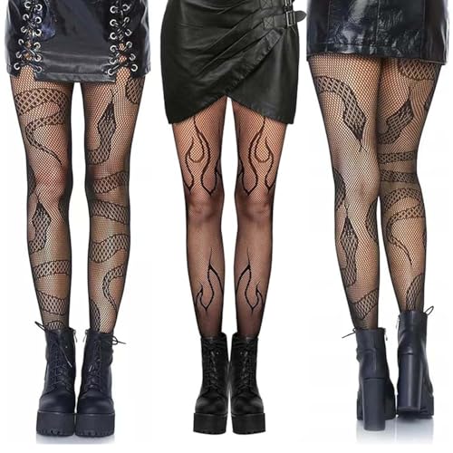 3 Paar Netzstrumpfhosen Damen Gothic Stil, Sexy Strumpfhosen Damen Schwarz mit Muster – 2x Schlangen Netzstrumpfhose + 1x Flammen Netzstrumpfhose,...