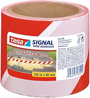 tesa® Signal Barrier Tape - Warning Tape for Barrier, Marking and Demarcation of Danger Areas - Non-Adhesive - Red-White, 100 m x 80 mm