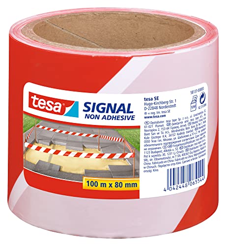 Tesa Signal Ruban Non Adhésif de Marquage et d'Avertissement – Balisage et Signalisation des Obstacles et Zones Dangereuses – Polypropylène, Film PE – Rouge / Blanc – 100 m x 80 mm