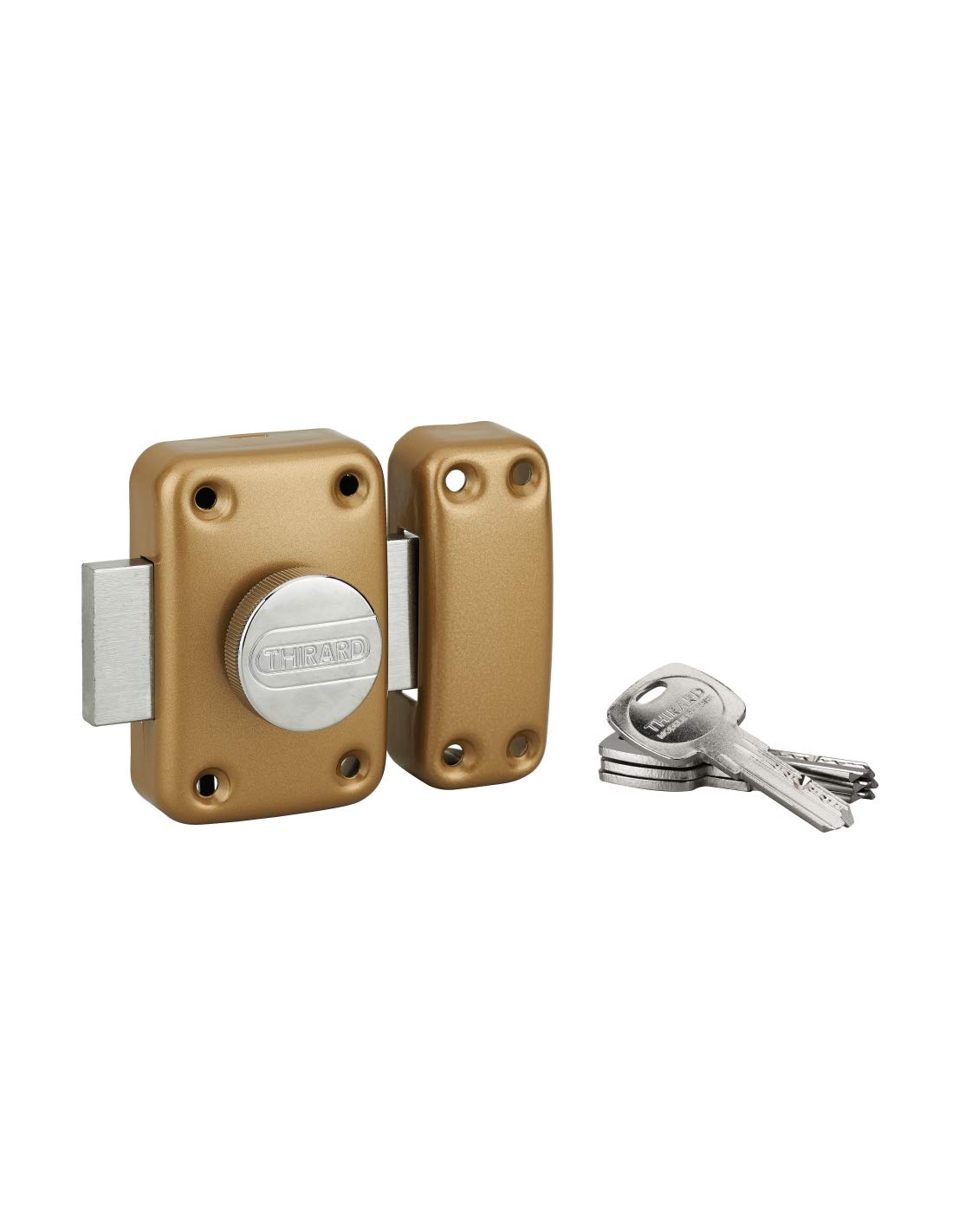 THIRARD Verrou à Bouton et Cylindre Acier Cylindre 45 mm Verni | verrou à bouton et cylindre, cylindre 45 mm, acier, finition verni, 4 clés, porte d'entrée, fabrication française, doré