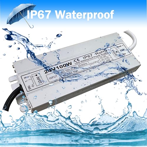 Image of Led Driver 24V Led Transformer 100W IP67 Waterproof Power Supply Ultra Thin 0.78in 100-277V AC to 24Vdc Low Voltage Transformers with 3-Prong Plug 3.3 Feet Cable Indoor Outdoor LED Light