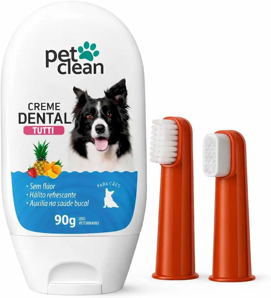 Kit Gel Dental Pet com 2 Escovas de Dedo Higiene Dental para Cachorros Uso Diário Tutti Frutti