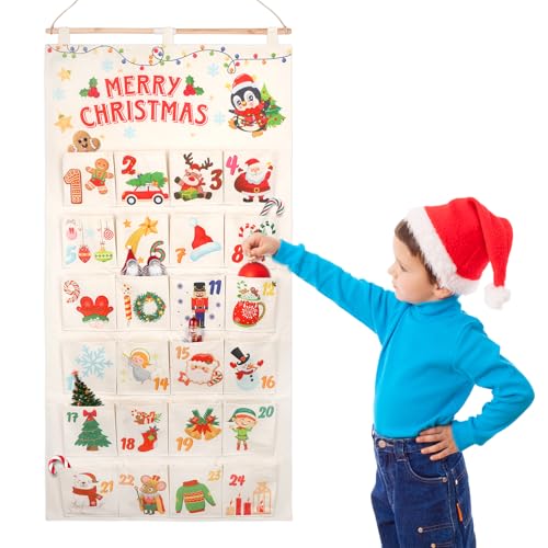 DPKOW Calendário do advento de tecido de Natal, calendário do advento 2024, design reutilizável para pendurar na parede, calendário de contagem regressiva de Natal com 24 bolsos para preencher,