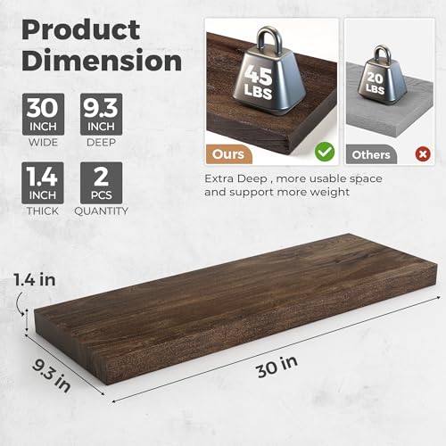 Image of RICHFOCUS Elm Floating Shelves for Wall - 30 inch W x 9.3 inch D Rustic Solid Wood Shelves with Invisible Bracket, Wall-Mounted for Living Room, Bedroom, Kitchen Storage & Display, Set of 2, Walnut