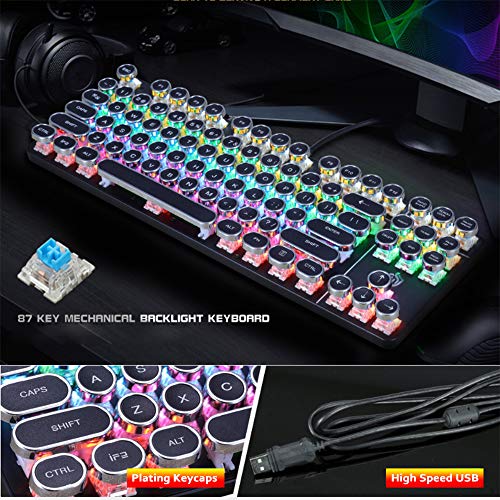 K917 Rgb Mechanical Gaming Keyboard 87Key Retro Keyboard-Blue Switch-Led Backlit- Round Keycaps Anti-Ghosting Mechanical Illuminated Keyboard For Pc Gaming And Mac (Retro-Black) #TOP2