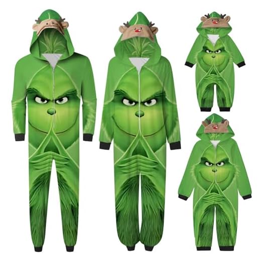 QWUVEDS Pijama de Navidad Grinch Pijamas de una pieza para la familia, lindos pijamas de Navidad de una pieza con capucha, ropa de dormir para mujer, hombre, niños, bebé, Y16-green Grinch Piece
