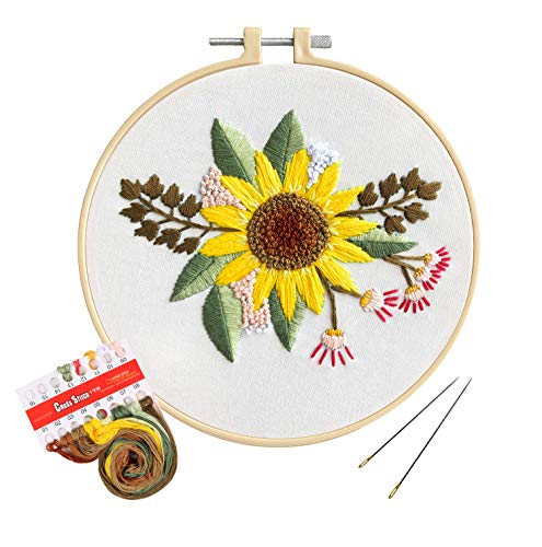 Unime Full Range of Embroidery Starter Kit with Pattern, Cross Stitch Kit Including Embroidery Cloth with Color Pattern, Embroidery Hoop, Color Threads, and Tools Kit(Sunflower,Bouquet)