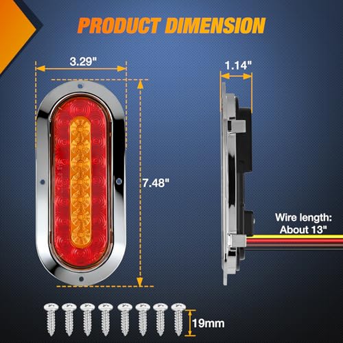 Image of Nilight Trailer Tail Lights 2PCS 6Inch Oval 23LED Red Amber Chrome