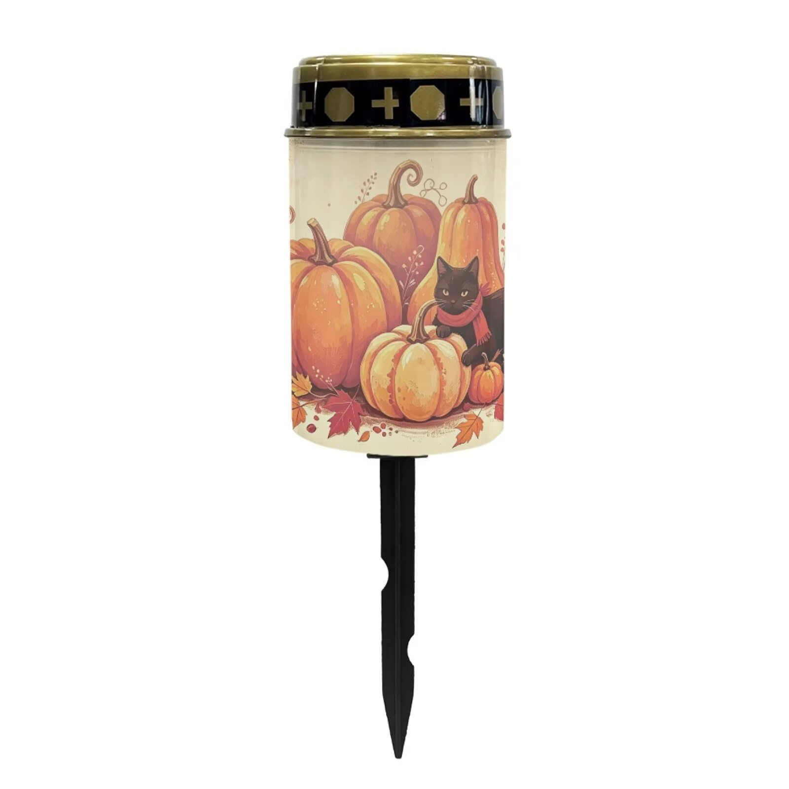 Poceacles Solar Candle Cemetery Solar Lights for Grave LED Garden Flameless Powered Pathway Lights for Halloween Party Decorations, Black Cat Pumpkin Autumn Leaf Print Beige