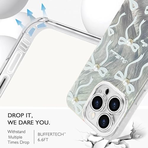 Image of VONZEE Compatible with iPhone 15 Pro 6.1'' Case Luxury Pink Girly Cute 3D Bow Pearl Glitter Bling Case with Full Camera Protection Shockproof PC+TPU Glossy Shiny Cover for Girls Women, Silver