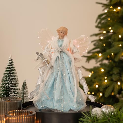 Ángel con plumas para punta de árbol de Navidad con luces LED multicolor y encaje azul de 31cm 4