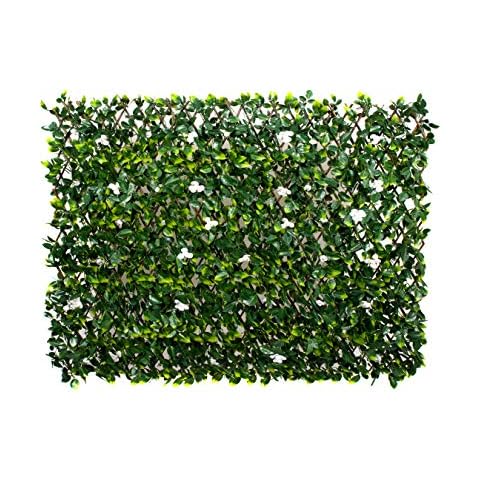 Artificial Expanding Green Wall Trellis Willow Fence with Green Leaf Foliage & White Flowers (1m x 2m) -UV Stable Cover
