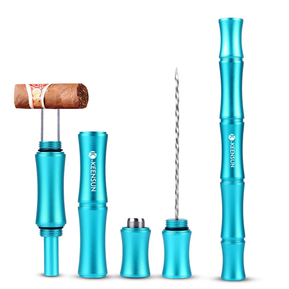 KEENSUN 3-in-1 Cigar Punch Tool Set with Cigar Punch(8mm), Cigar Draw Enhancer Cutter and Twin Nubber (Cyan)