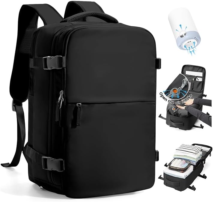 SZLX Vacuum Backpack Travel Bag with Pump, New Ryanair Cabin Size Bag 40x30x20 Backpack Wizz air, Large Travel Backpack Women Men Carry On Casual Daypack Fit 14 Inch Laptop with Shoes Compartment