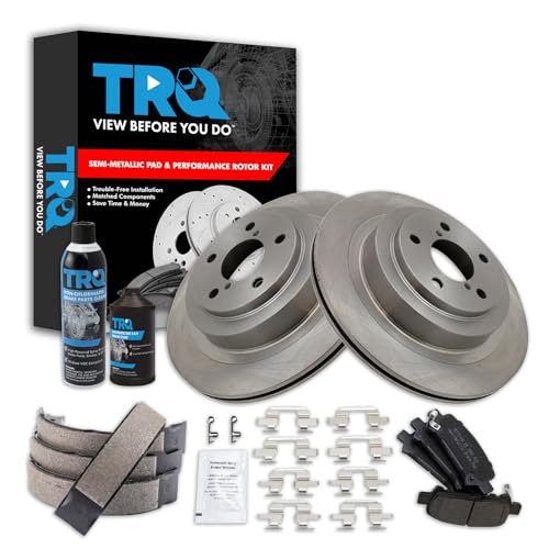 Image of TRQ Rear Brake Pad & Rotor Kit, with Chemical Kit Parking Brake Shoe Set Semi-Metallic Compatible with 2005-2009 Subaru Legacy
