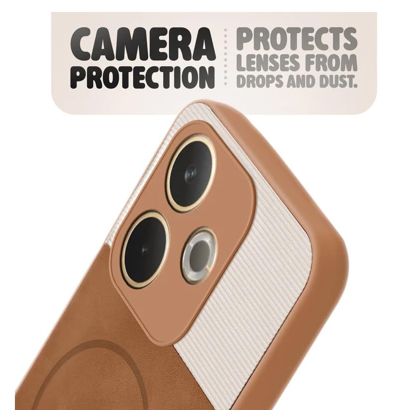 Image of Bintage CASE Mac Safe Design Hard Light Weight Back Case | Soft Border Camera Protect | Dual PU Leather Finish Back Cover Compatible for Oppo A5 Pro 5G - White & Brown