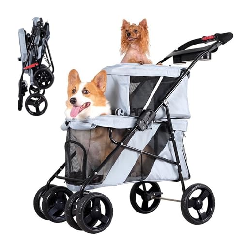 Double Dog Stroller,Lightweight Foldable Double Pet Stroller with Mesh Windows,One-Hand Folding Dog Stroller with Cup Holder for Small Dogs Cats,Gray -  RUYICZB, GRAY-66243847