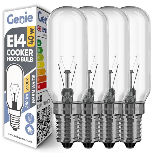 40W E14 Incandescent Cooker Hood Light Bulb 230V (Pack of 4) for Extractor Fans, Cooker Hoods and Appliances | 2700K Warm White | Dimmable | T25 Tubular Shape | Pygmy/Small Edison Screw (SES) Base